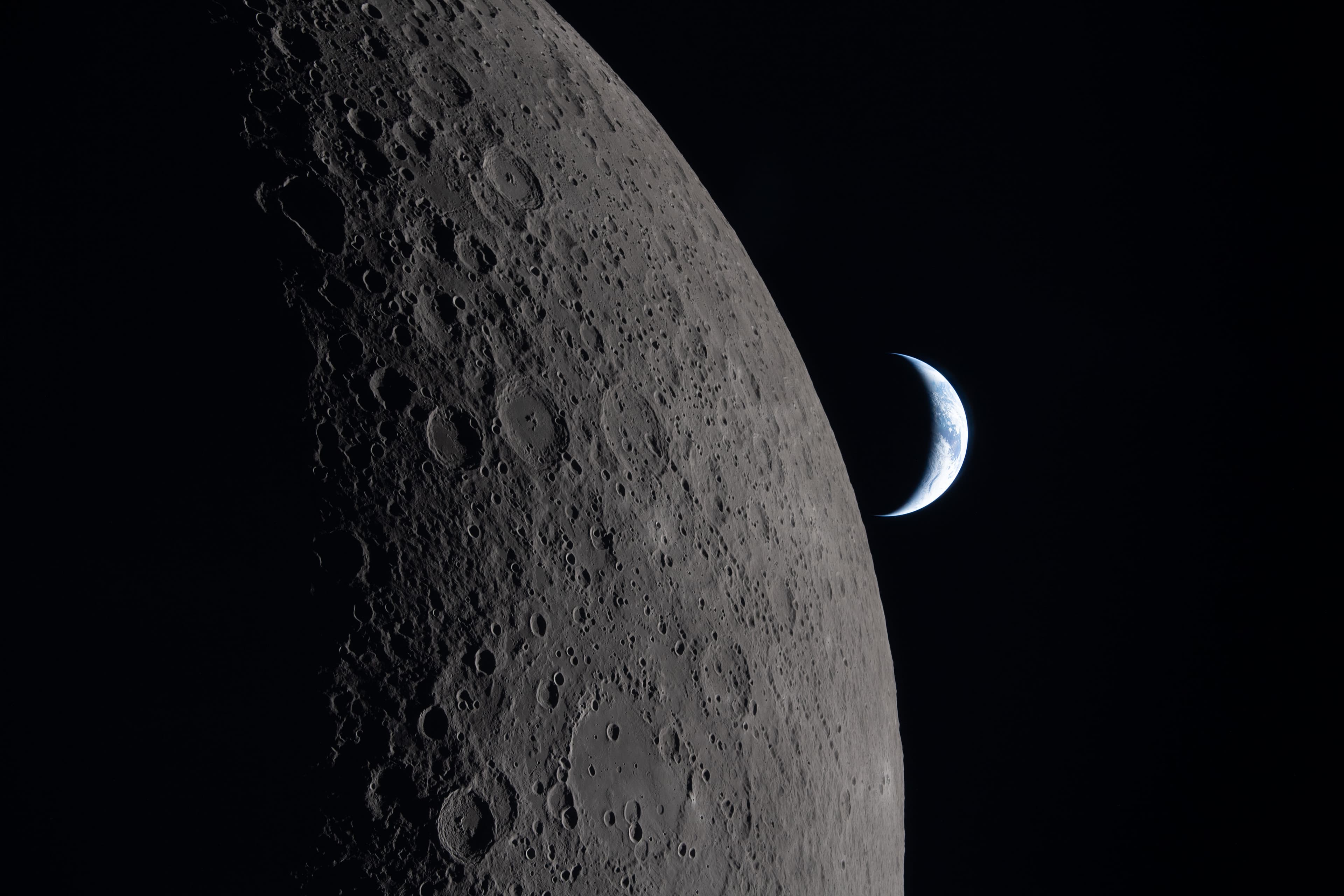 Moon and Earth from NASA Artemis II lunar flyby, photographed by Christina Koch, 6 April 2026